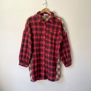 Red Patchwork Plaid Button Up Shirt Tunic Medium Oversized Indie Grunge Granola